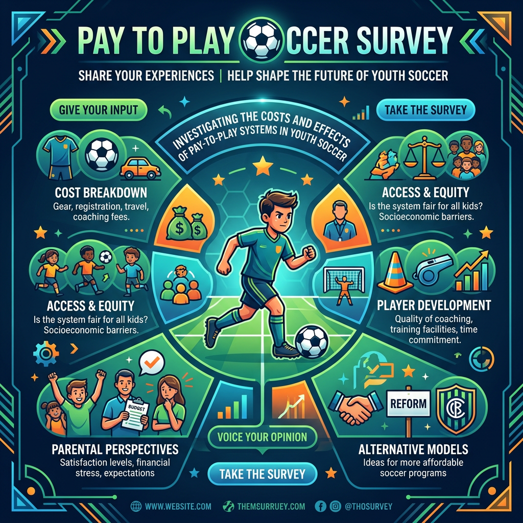 Illustration promoting a survey on pay-to-play youth soccer focusing on costs, access, development, parental views, and alternative models.
